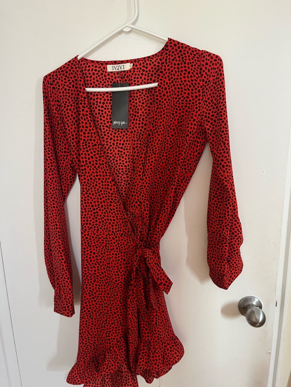 Nasty Gal ViVI Red Long-Sleeve Wrap Dress with Black Spot Print